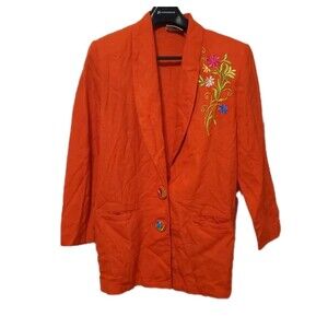 Vintage Granite 1980s Orange Pop Art Floral Linen Blend Blazer Size Small